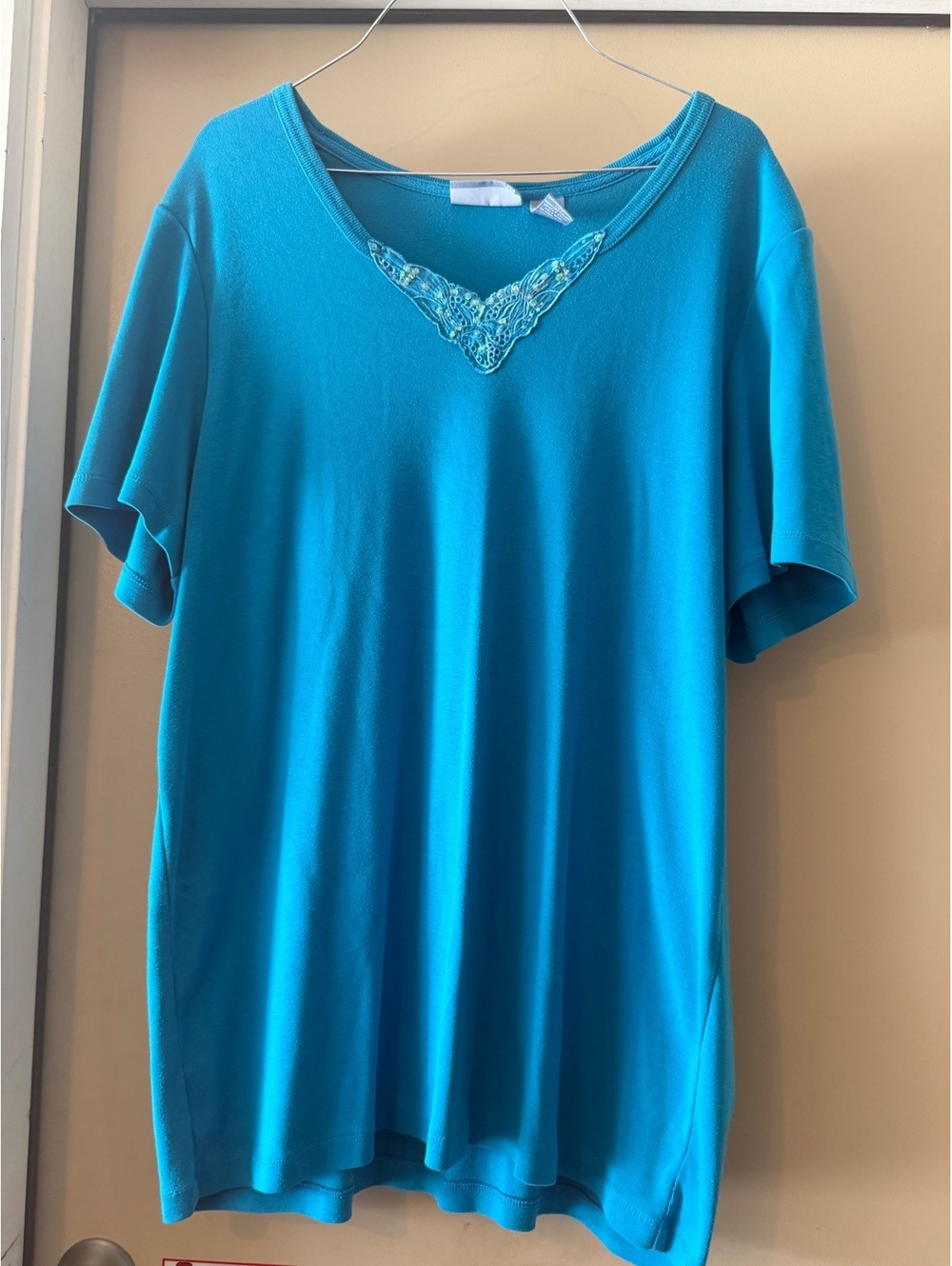Liz & Me Women's Embroidered V-Neck Short Sleeve Top 1X Turquoise